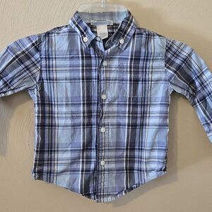 JANIE AND JACK BLUE PLAID OXFORD BUTTON DOWN DRESS SHIRT, 18-24 MONTHS